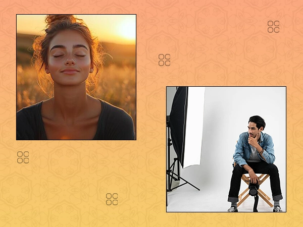 Comparison of natural golden hour lighting and basic studio light setup for portraits