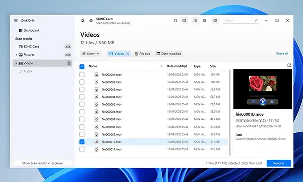 Filter the results by video type and preview the files.