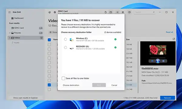 Recover the selected clips to another drive.